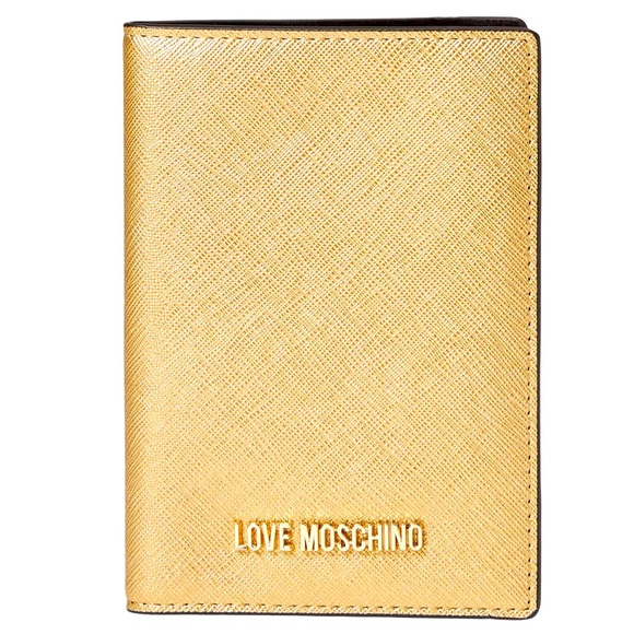 LOVE Moschino Gold Passport Holder. Width 4 in Dpth 1 4 in Hght 5 3 4 in